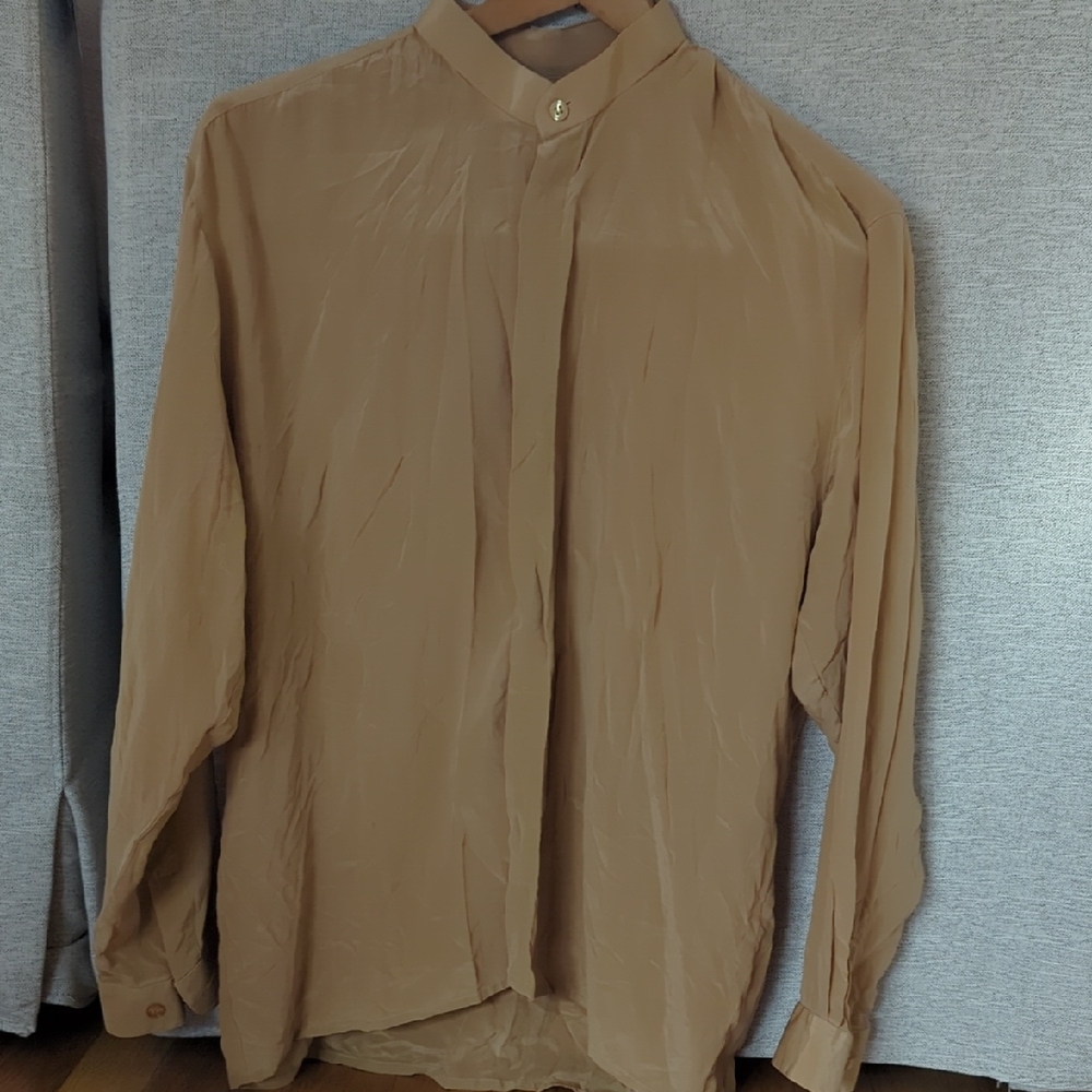 Vintage Pure Silk Long Sleeve Button Down Vintage 80s Mock Neck Collar